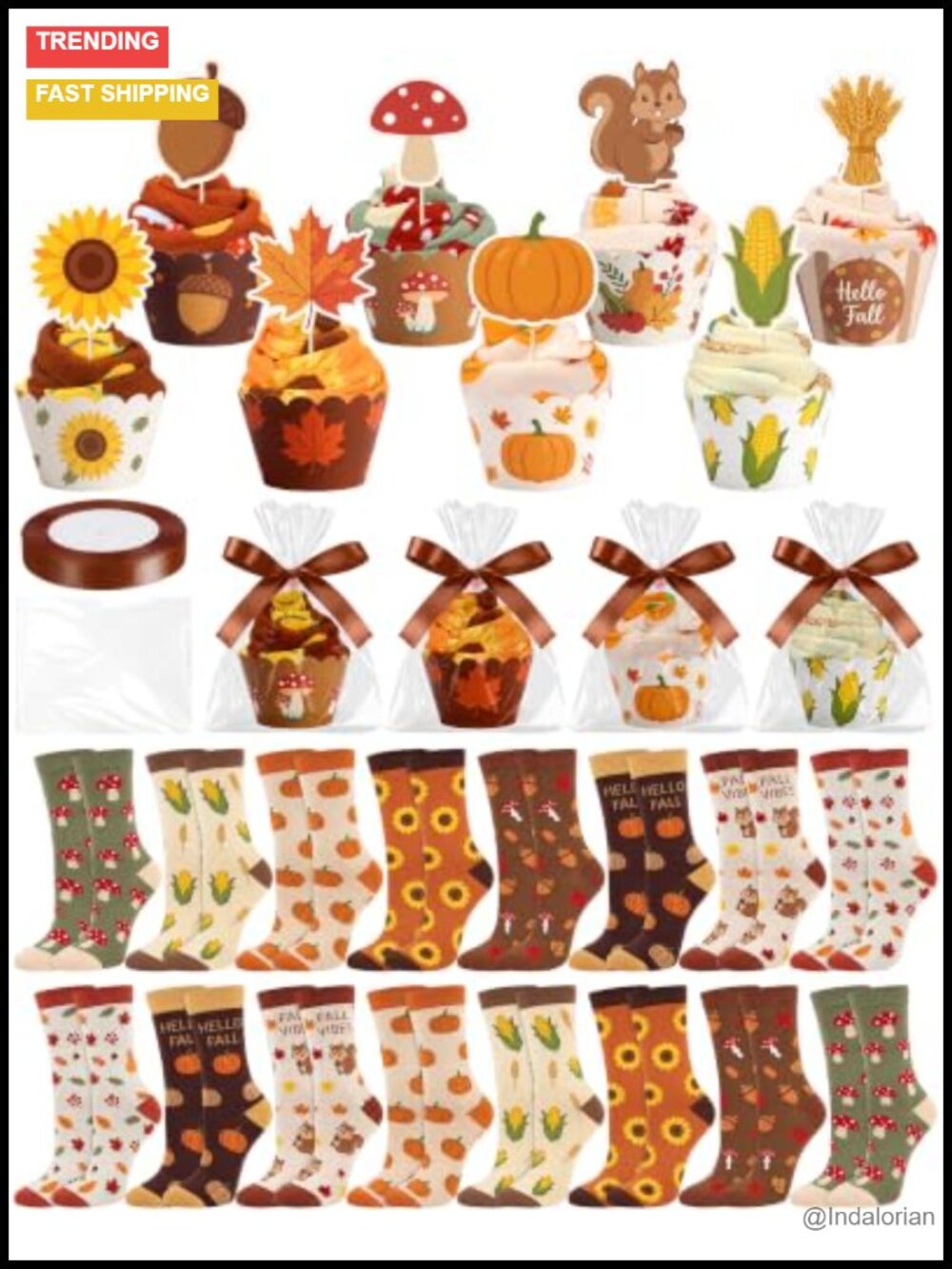 16 Pairs Fall Halloween Socks Gift Set Cupcake Toppers Bags